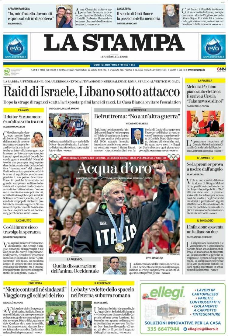 Portada de La Stampa (Italia)
