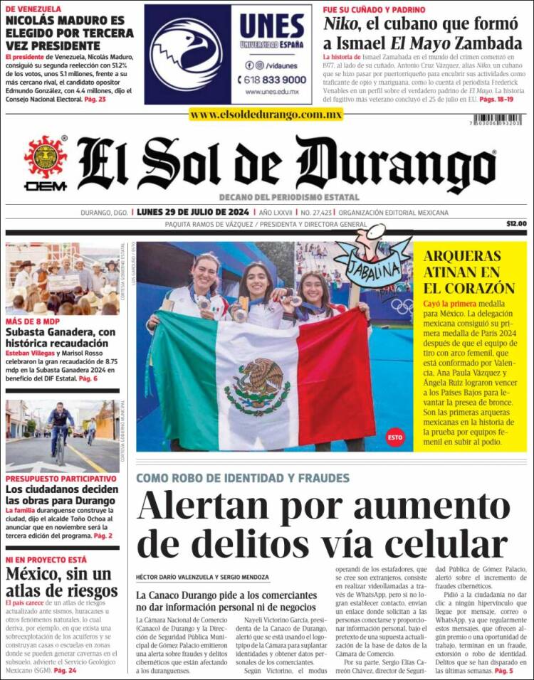 Portada de El Sol de Durango (M&eacute;xico)