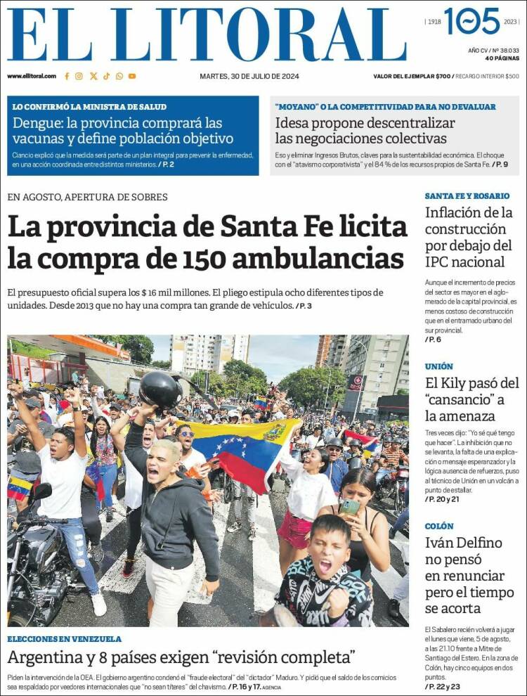 Portada de Diario El Litoral (Argentina)