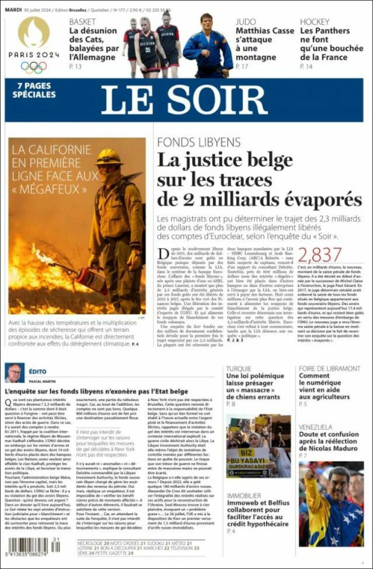 Portada de Le Soir (B&eacute;lgica)