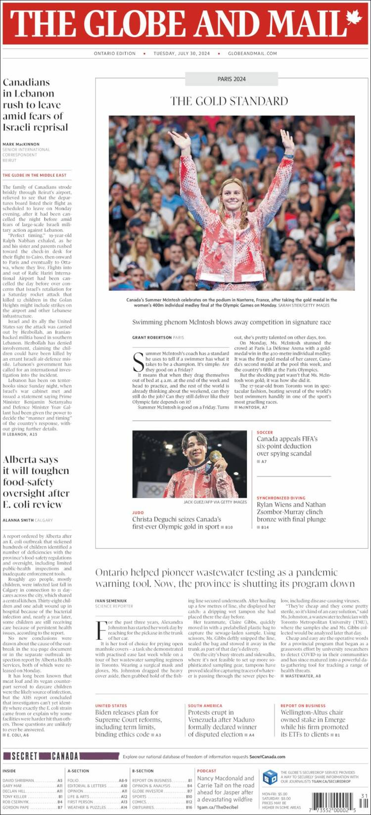 Portada de The Globe and Mail (Canadá)