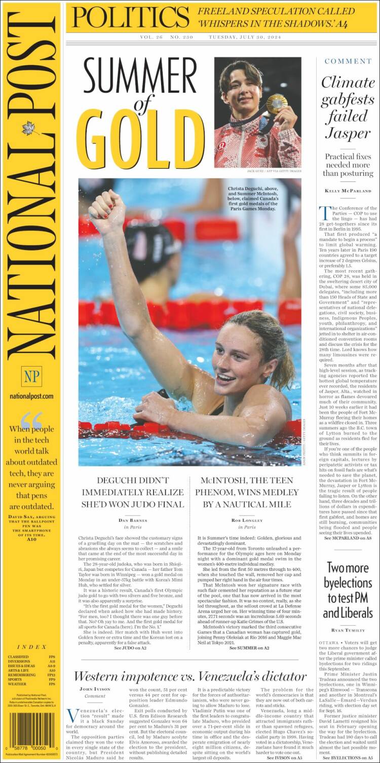 Portada de The National Post (Canadá)