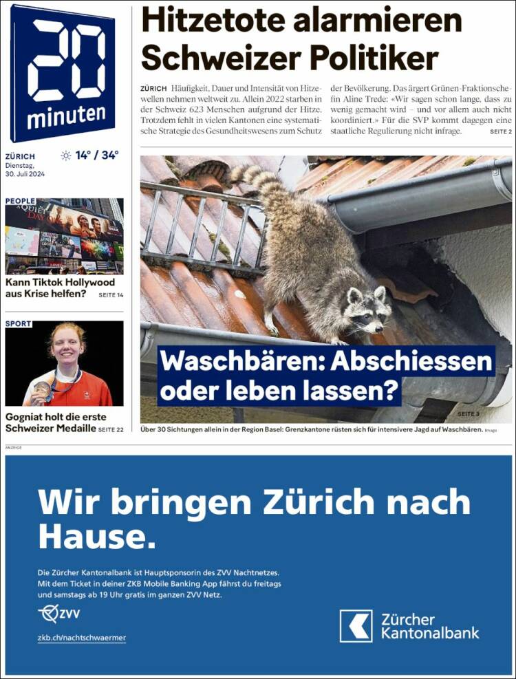 Portada de 20Minuten - Zürich (Suiza)