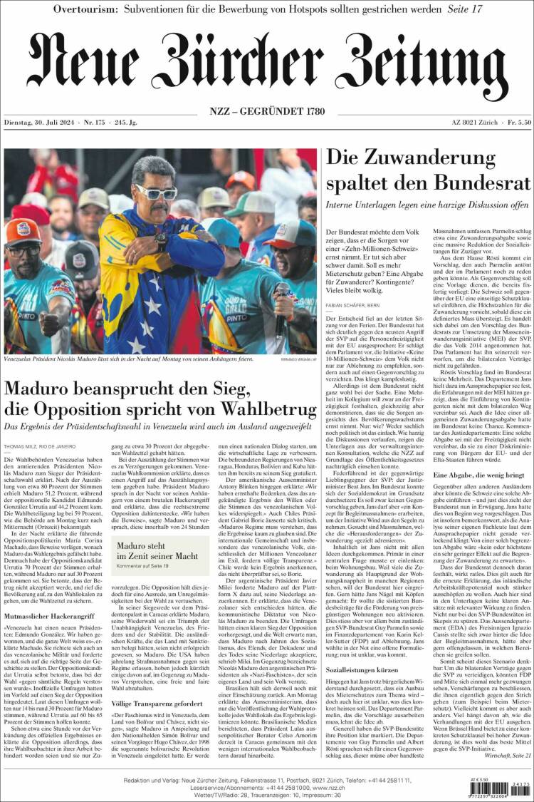 Portada de Neue Zürcher Zeitung (Suiza)