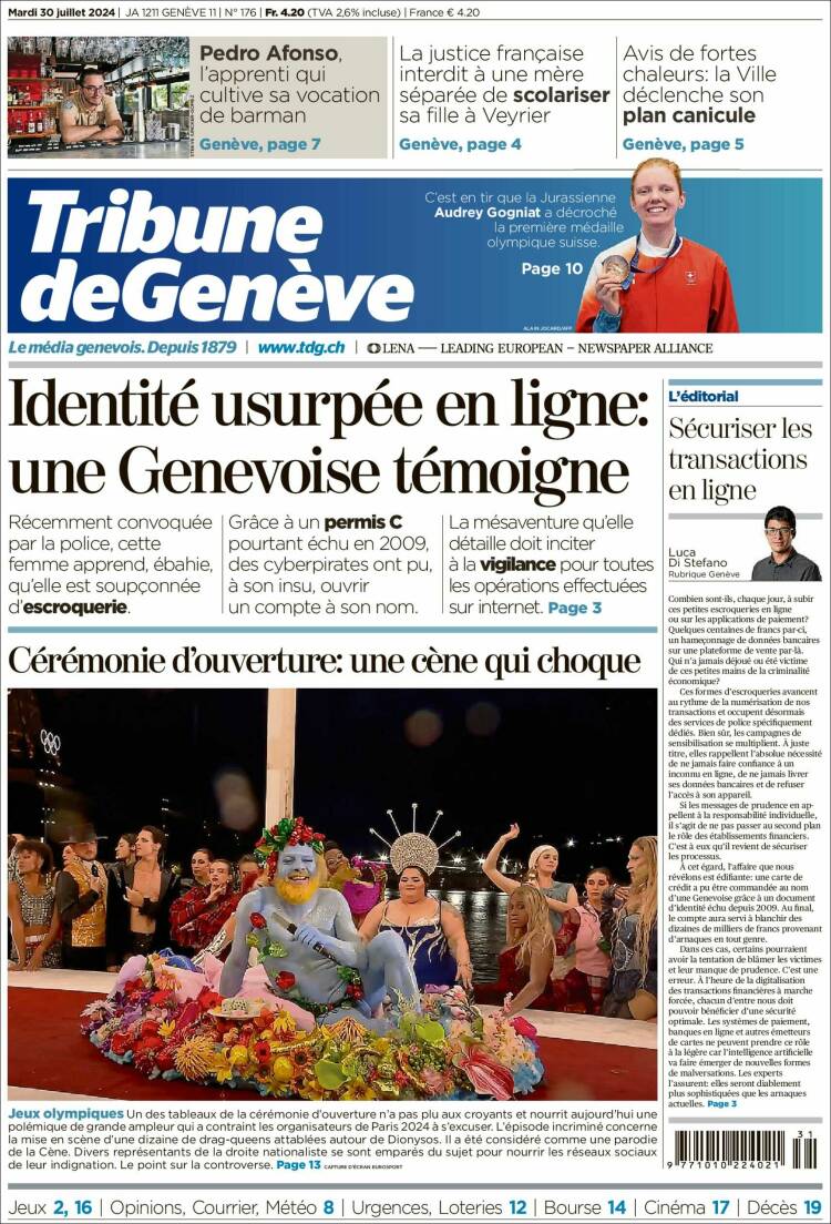 Portada de La Tribune de Genève (Suiza)