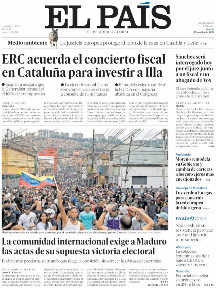 Periódico El País (España). Periódicos de España. Edición de martes, 30 ...