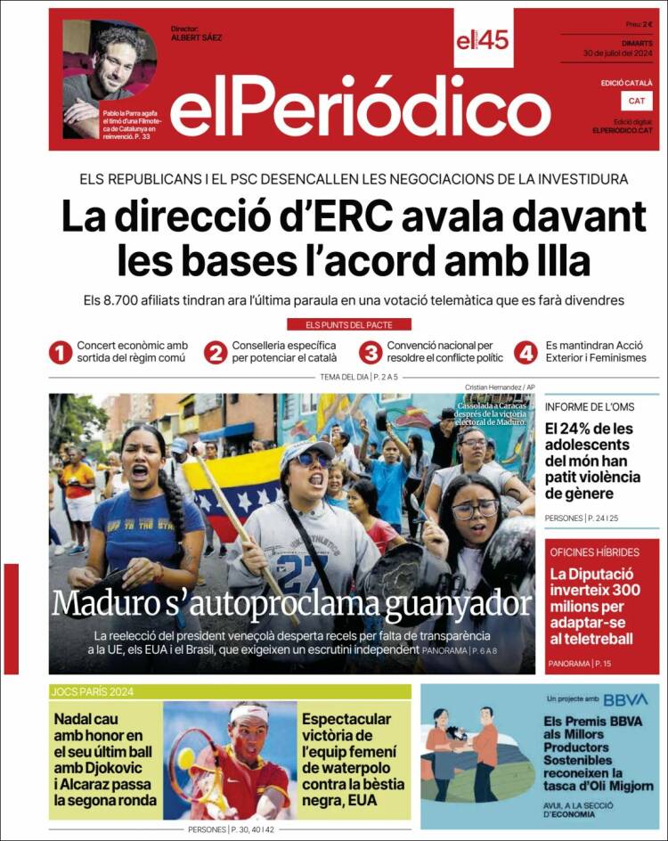 Portada de El Periódico de Catalunya (España)