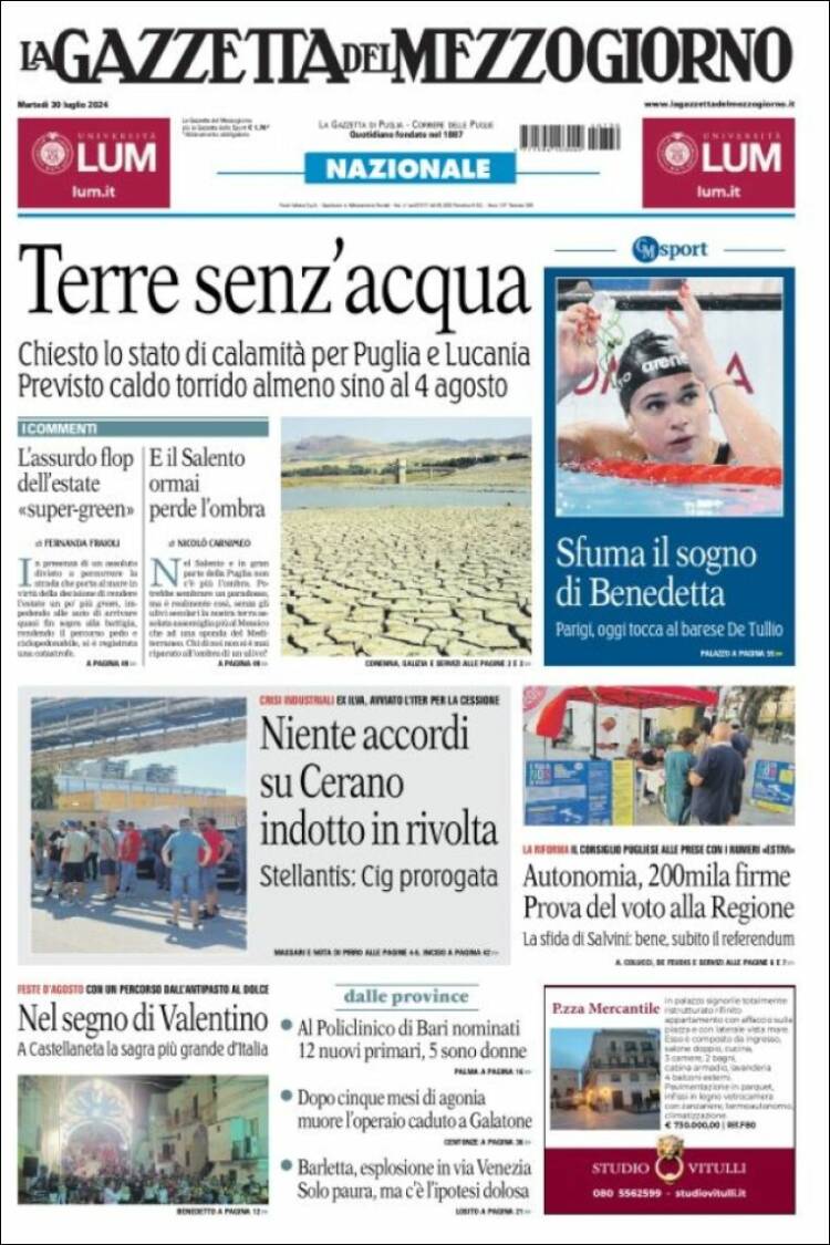 Portada de La Gazzetta del Mezzogiorno (Italia)