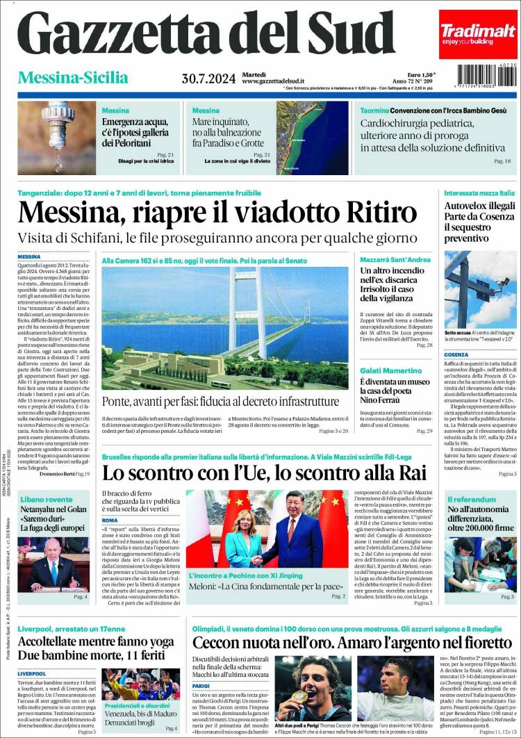 Portada de Gazzetta del Sud (Italia)
