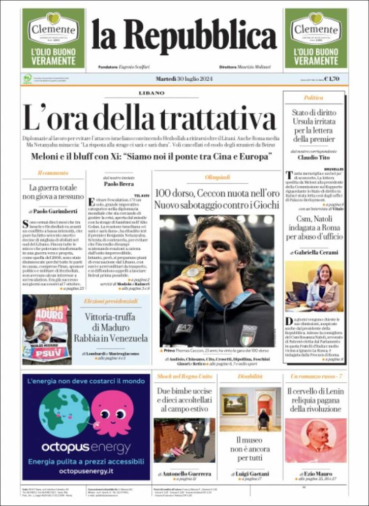 Portada de La Repubblica (Italia)