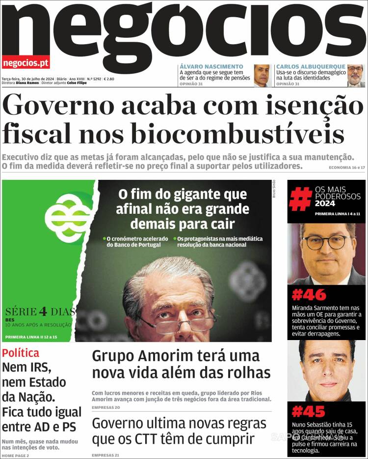 Portada de Jornal de Negócios (Portugal)
