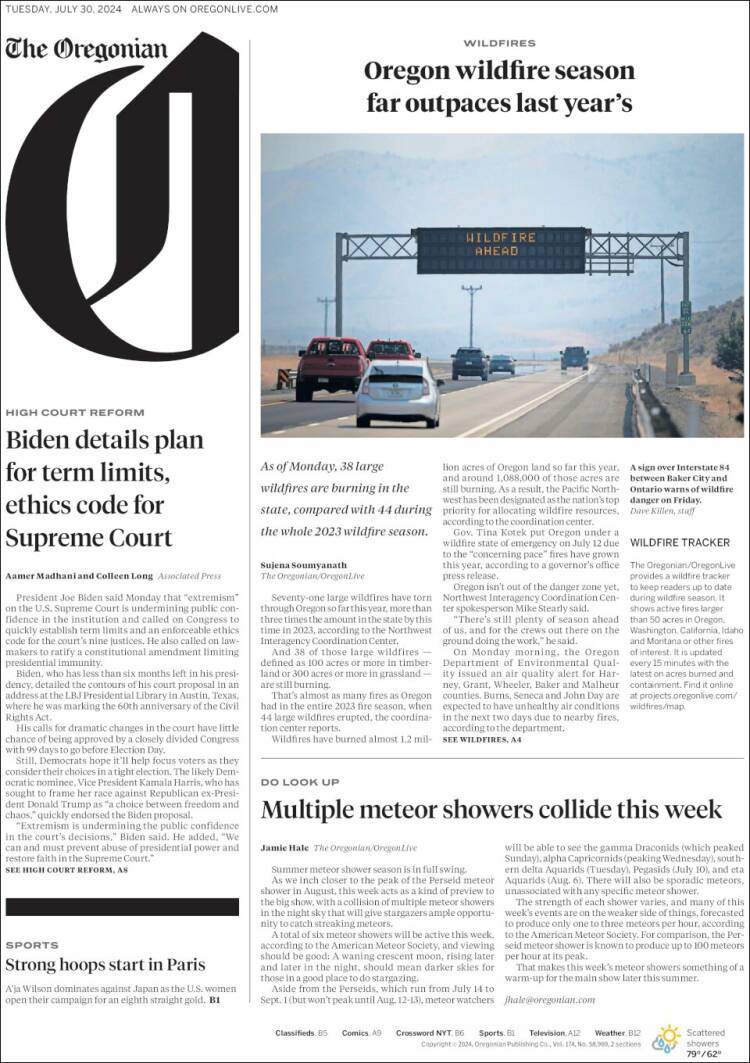 Portada de The Oregonian (USA)