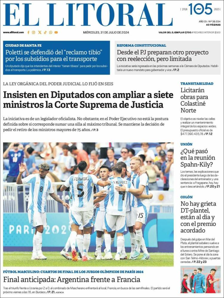Portada de Diario El Litoral (Argentina)