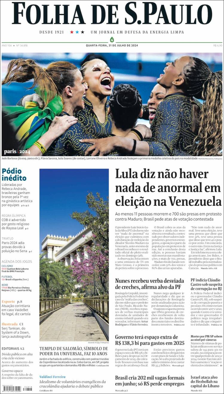 Portada de Folha de São Paulo (Brasil)