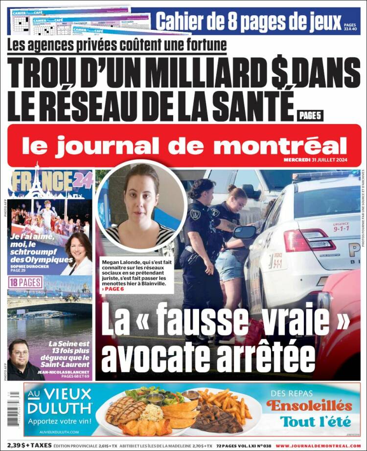 Portada de Le Journal de Montréal (Canadá)