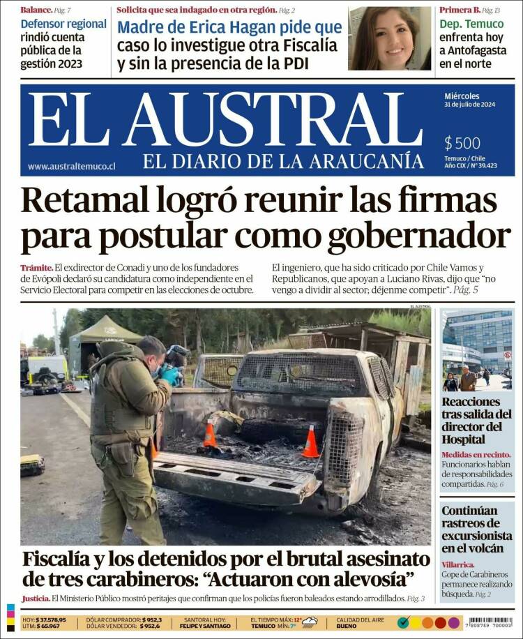 Portada de El Austral de Temuco (Chile)