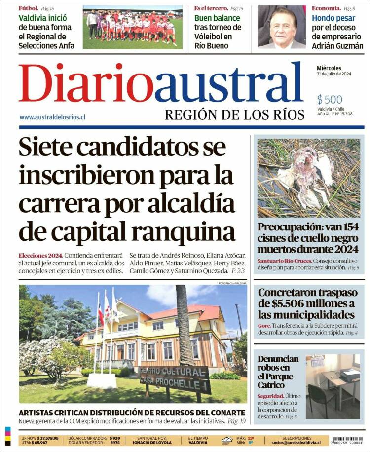 Portada de El Diario Austral de Valdivia (Chile)