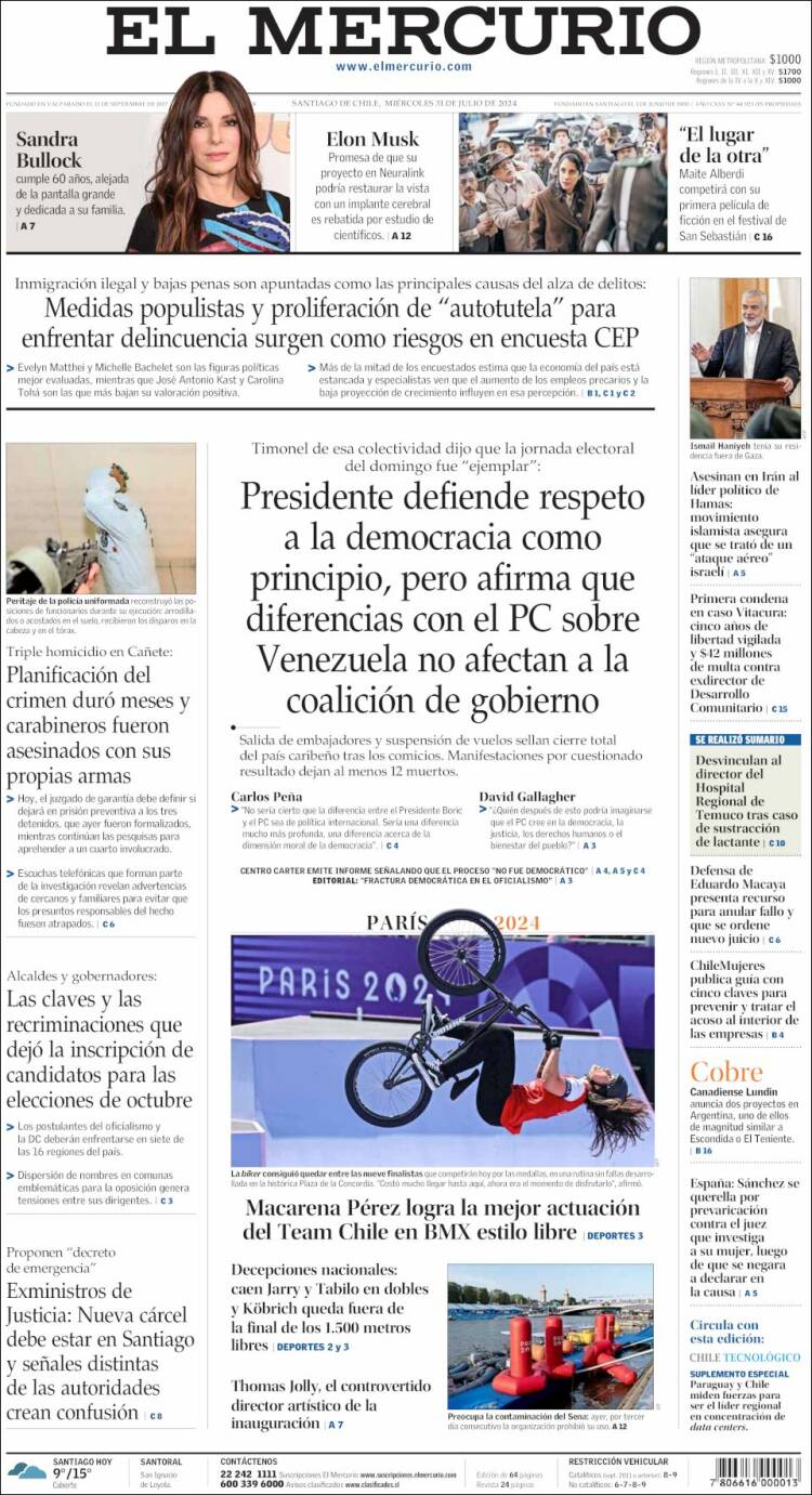 Portada de El Mercurio (Chile)