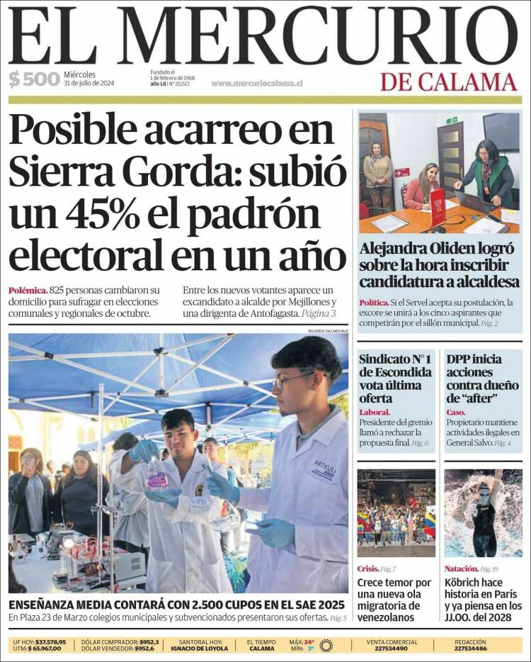 Portada de El Mercurio - Calama (Chile)