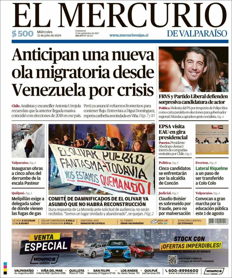 Portada de Mercurio de Valparaiso (Chile)