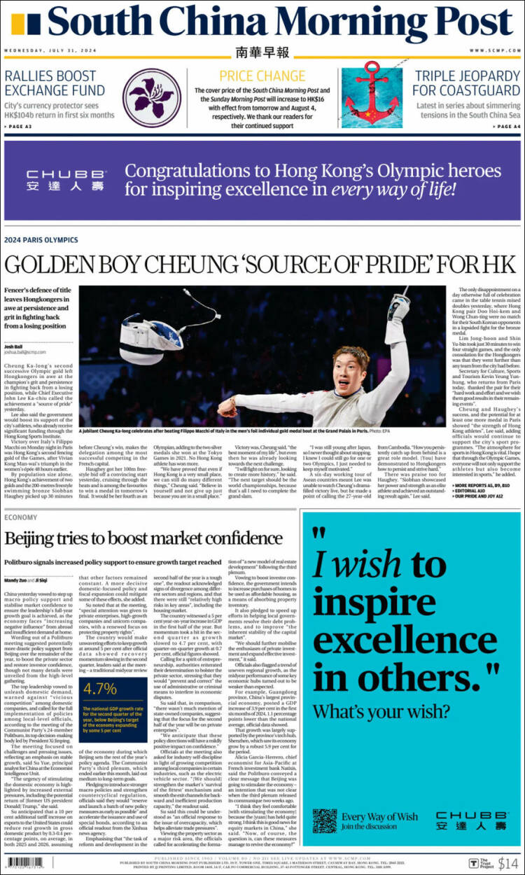 Portada de South China Morning Post (China)