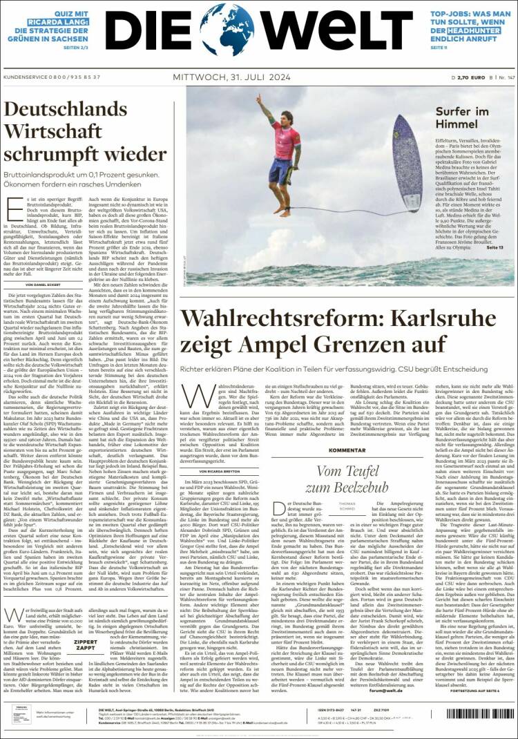 Portada de Die Welt (Alemania)