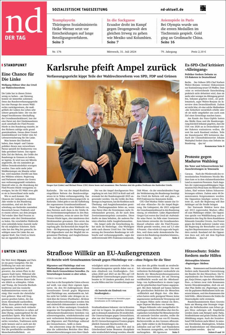 Portada de Neues Deutschland (Alemania)