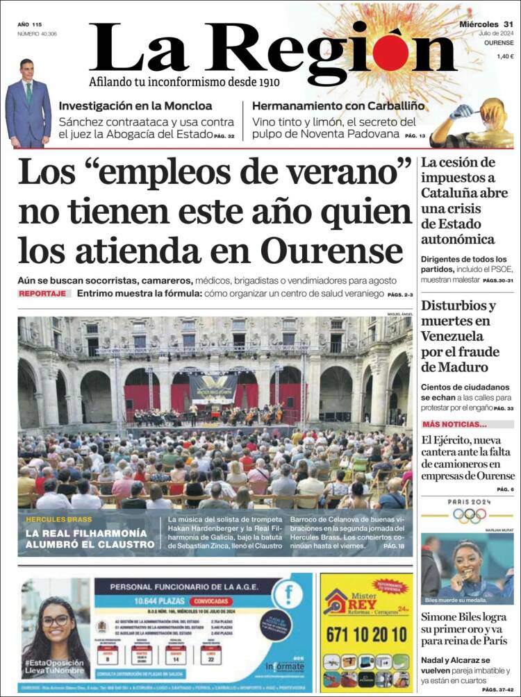 Portada de La Región de Ourense (España)