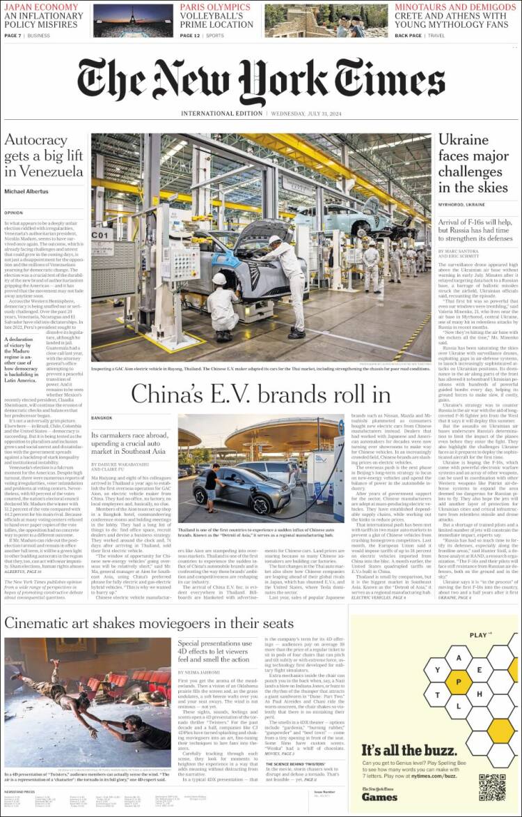 Portada de International New York Times (Europa)