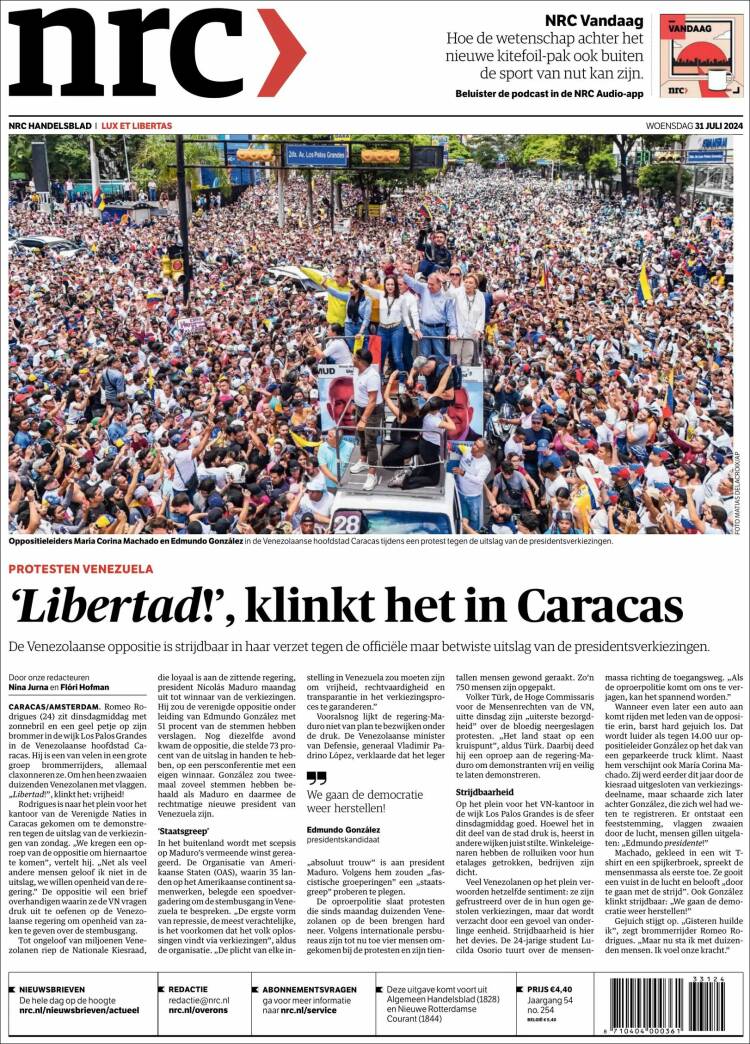 Portada de NRC Handelsblad (Pa&iacute;ses Bajos)