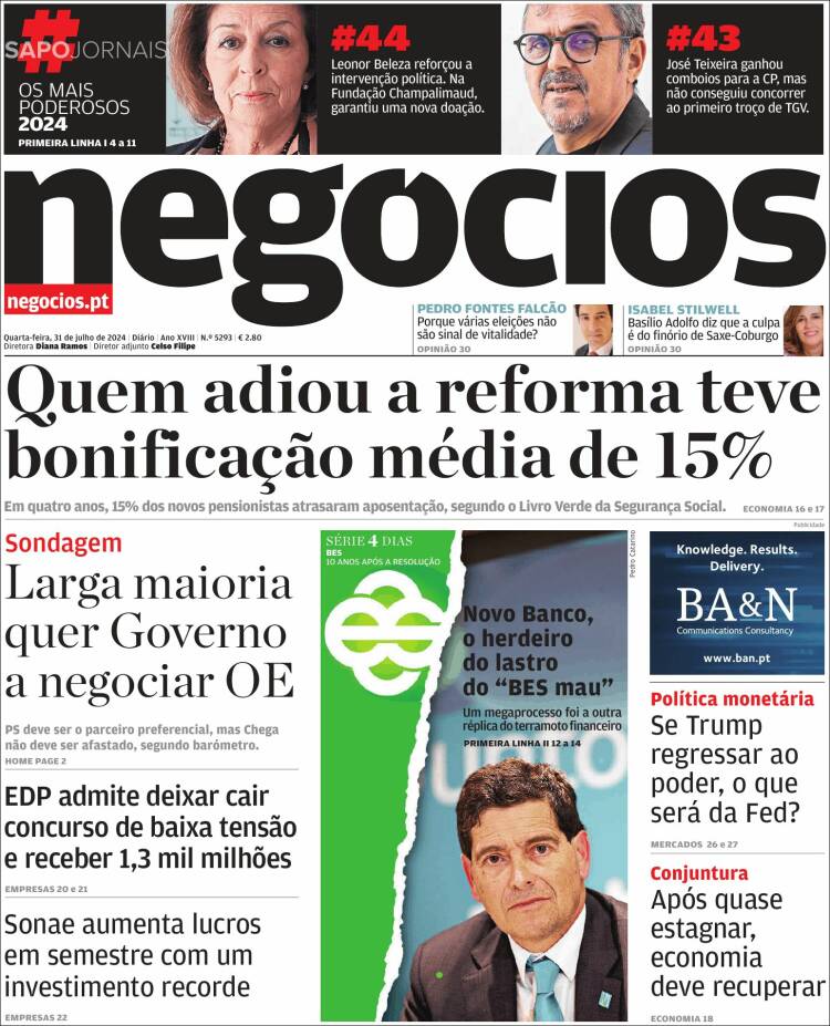 Portada de Jornal de Negócios (Portugal)