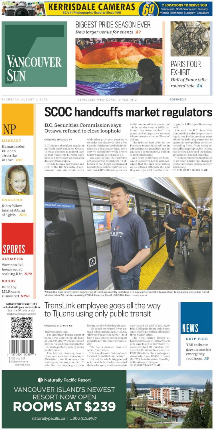 Portada de The Vancouver Sun (Canadá)