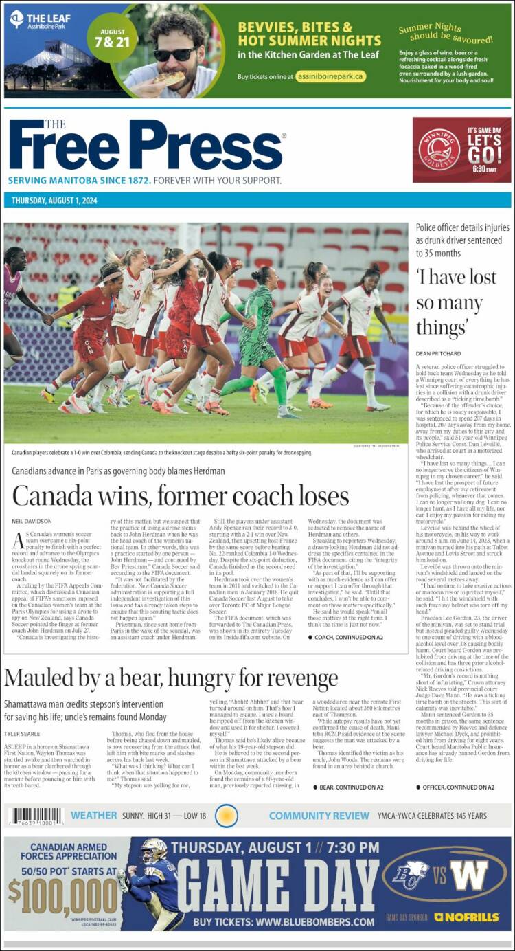 Portada de Winnipeg Free Press (Canadá)