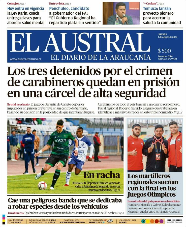 Portada de El Austral de Temuco (Chile)