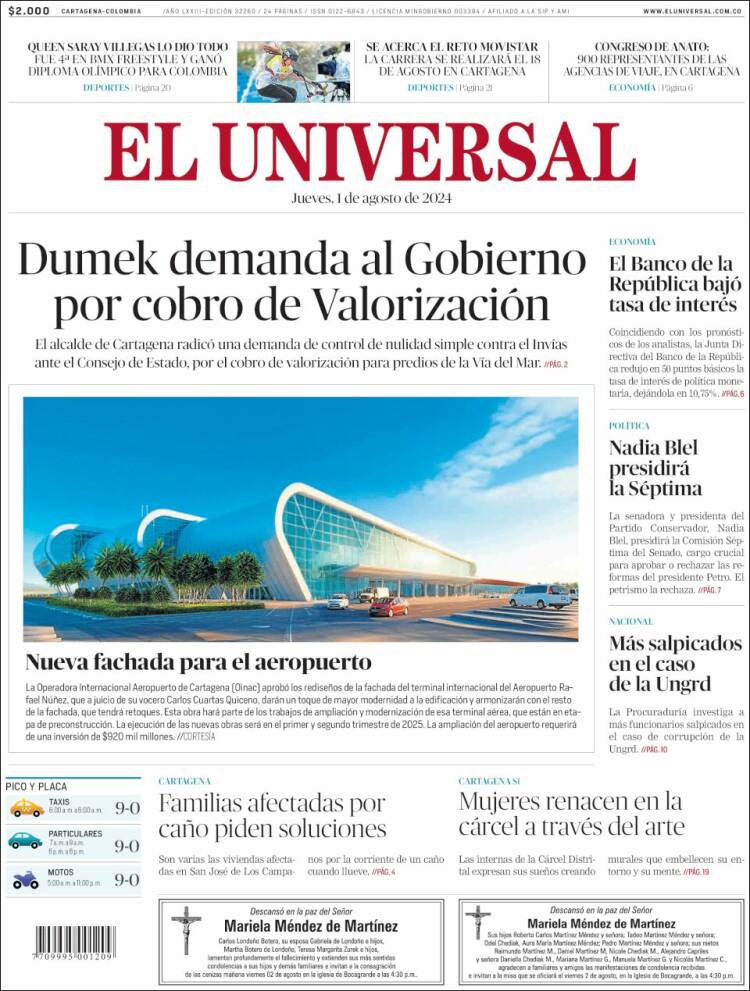 Portada de El Universal (Colombia)