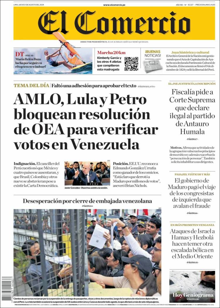 Portada de El Comercio (Per&uacute;)