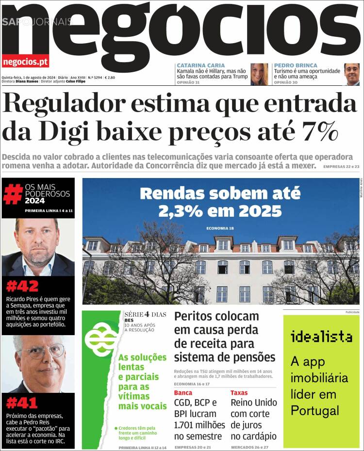 Portada de Jornal de Negócios (Portugal)