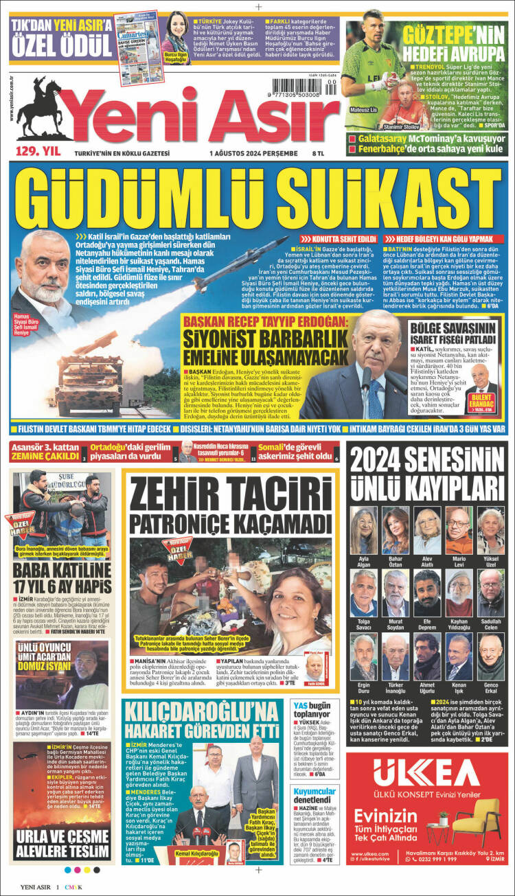 Portada de Yeni Asır (Turqu&iacute;a)
