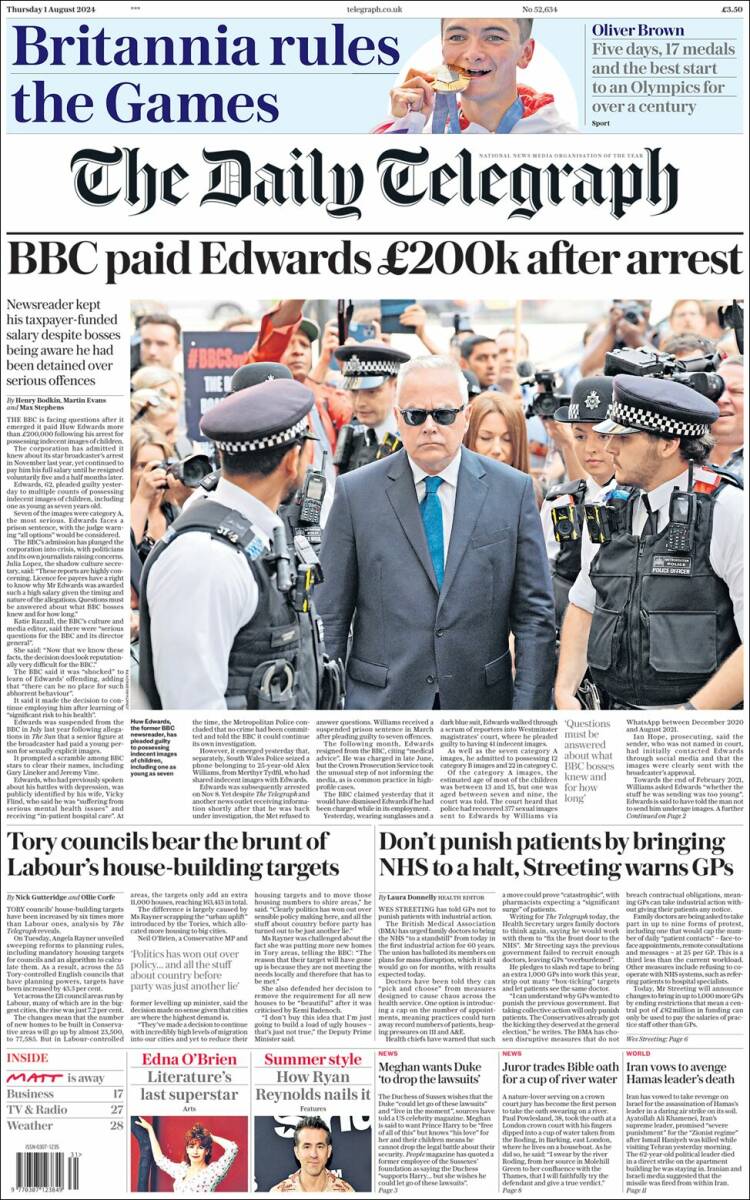 Portada de Daily Telegraph (Reino Unido)