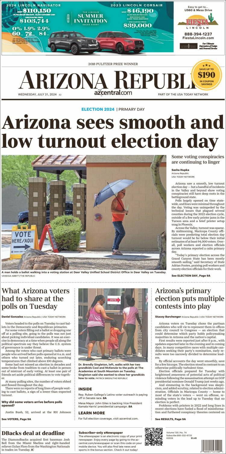 Portada de Arizona Republic News (USA)
