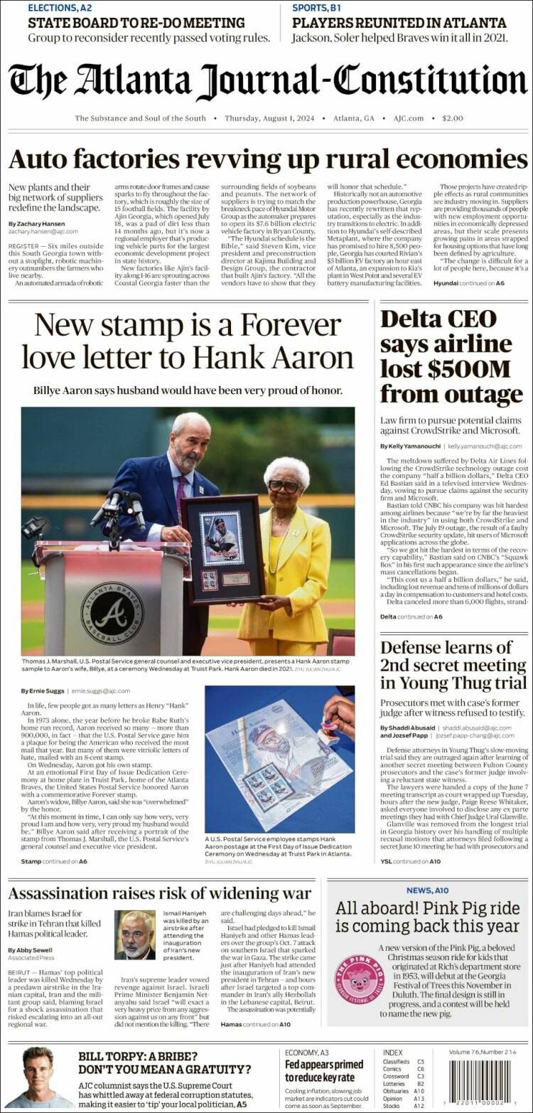 Portada de The Atlanta Journal-Constitution (USA)