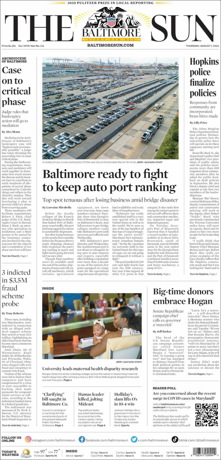 Portada de The Baltimore Sun (USA)