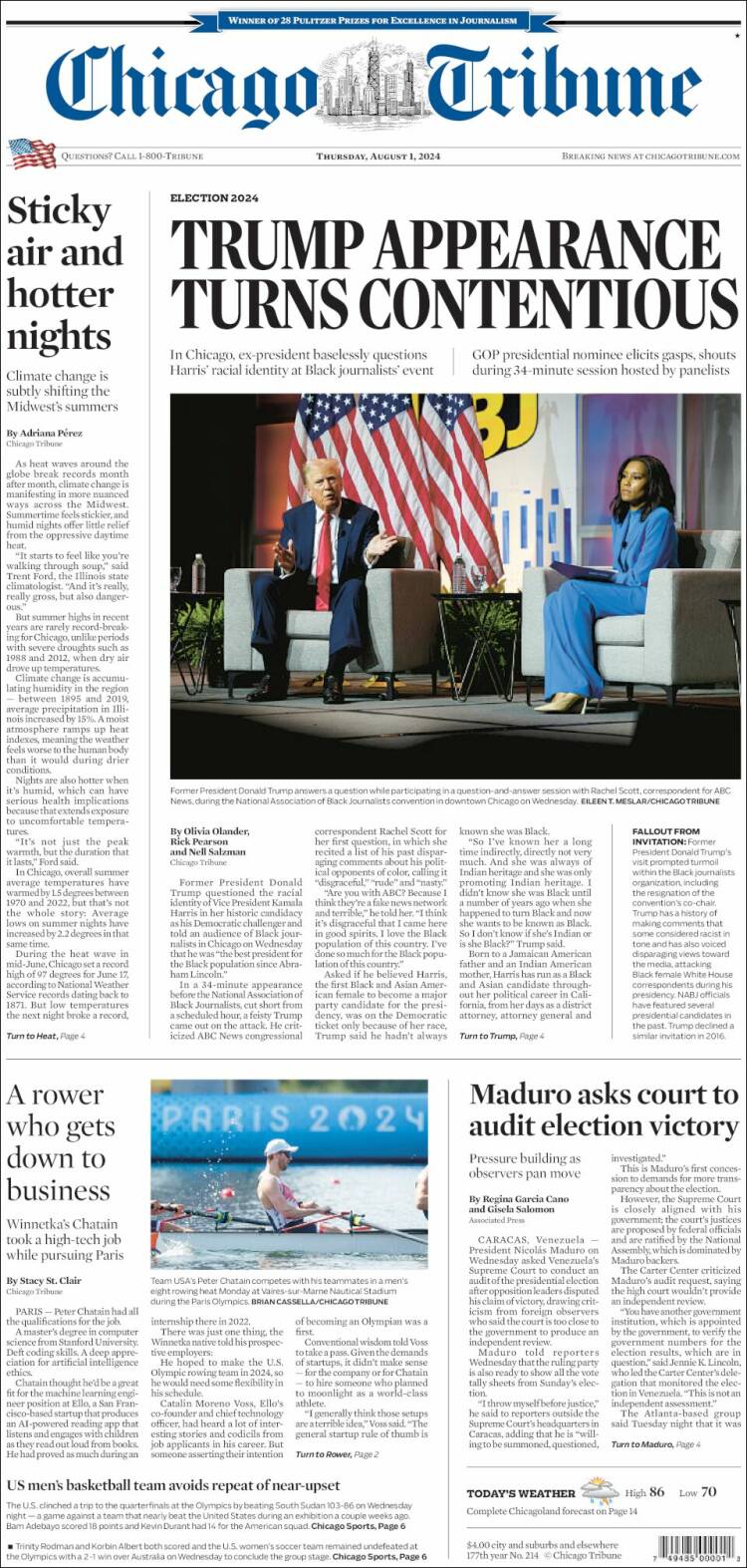 Portada de Chicago Tribune (USA)