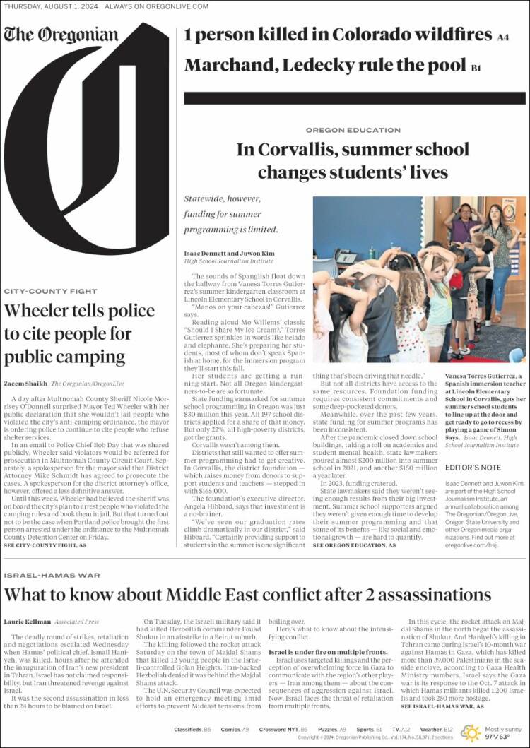 Portada de The Oregonian (USA)