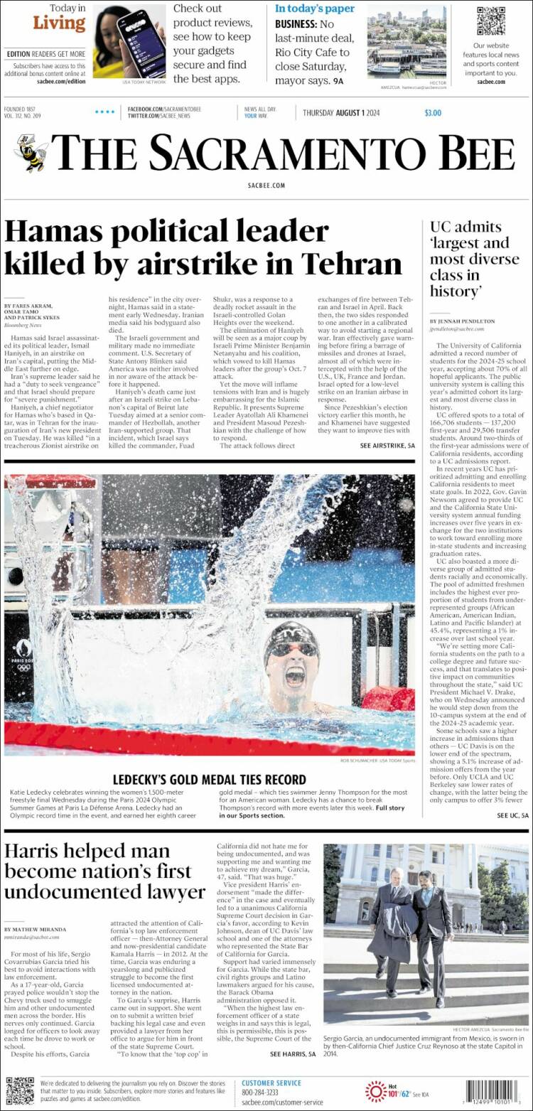 Portada de The Sacramento Bee (USA)