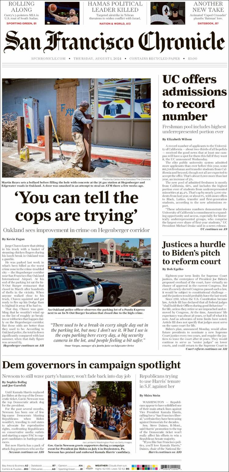 Portada de San Francisco Chronicle (USA)