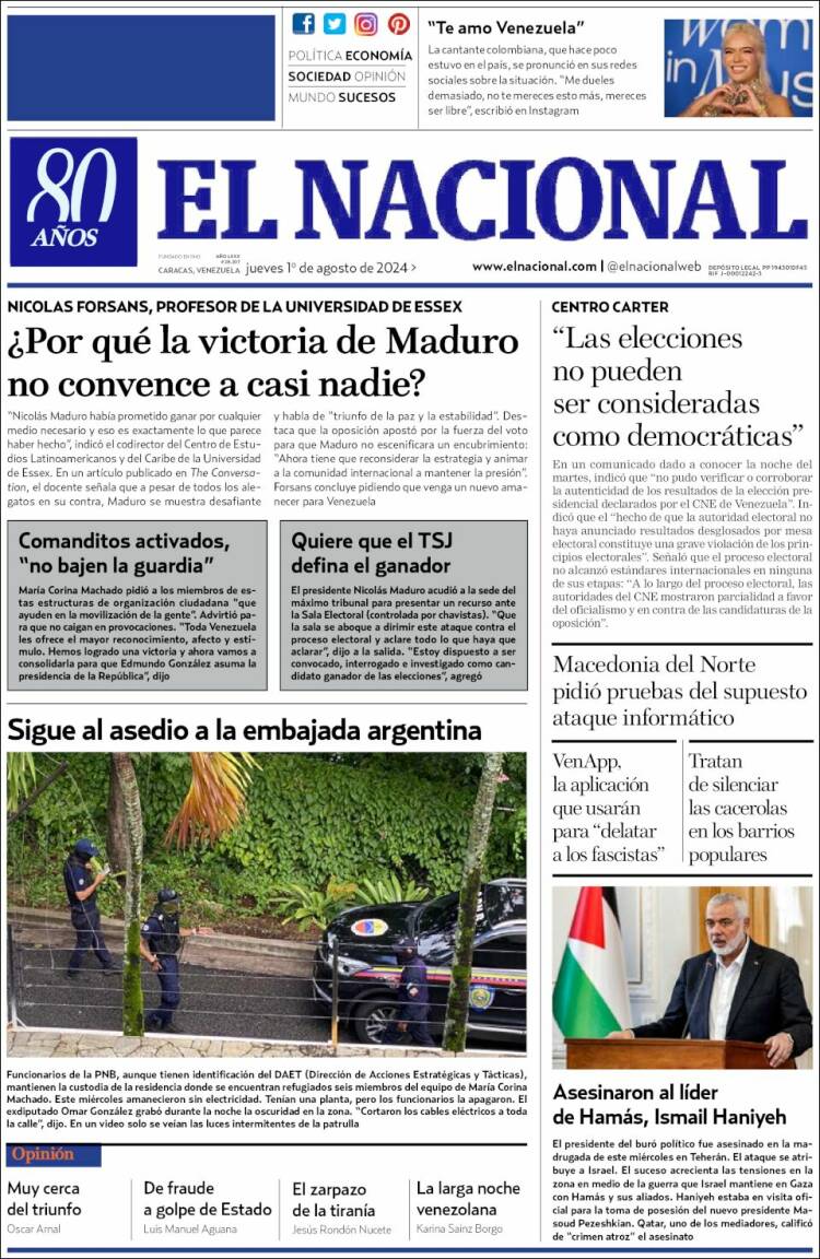 Portada de El Nacional (Venezuela)