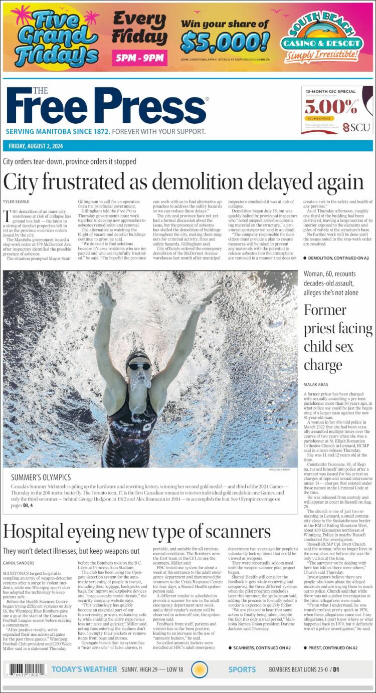 Portada de Winnipeg Free Press (Canadá)