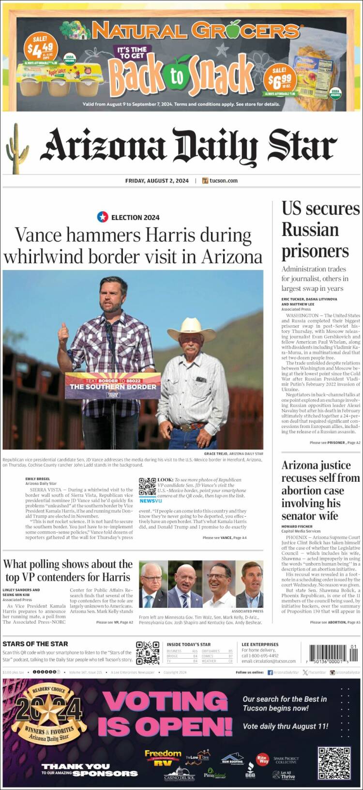 Portada de Arizona Daily Star (USA)