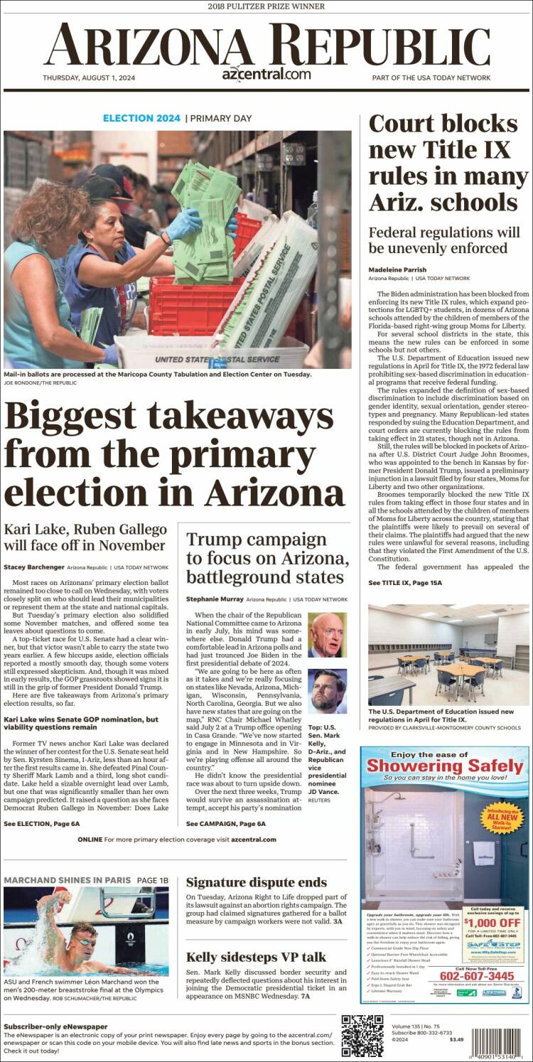 Portada de Arizona Republic News (USA)